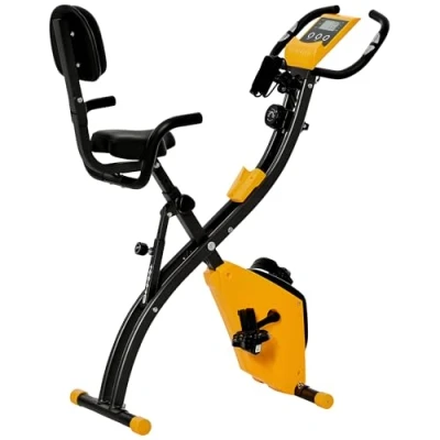 Afbeelding van HOMCOM Hometrainer, inklapbaar, 8 magnetische weerstandsniveaus, rugleuning, verstelbaar zadel, ergonomische handgrepen, LCD display, multifunctionele ophangingen, tablethouder, staal, geel, grijs
