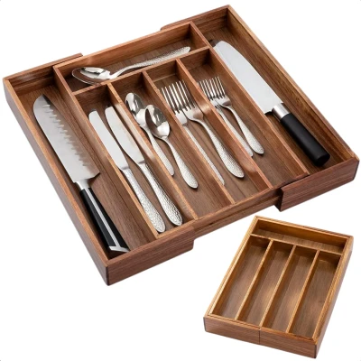 Afbeelding van Cheqo® Uitschuifbare Bestekbak Acacia Besteklade Verstelbaar Lade Organizer Keukenlade Bestekhouder Hout Houten Keuken Inclusief EBOOK