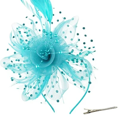 Afbeelding van DRESHOW Fascinator hoed bloem netstof banden veren op een hoofdband en clip haarclip, cocktail thee party hoeden voor meisjes vrouwen