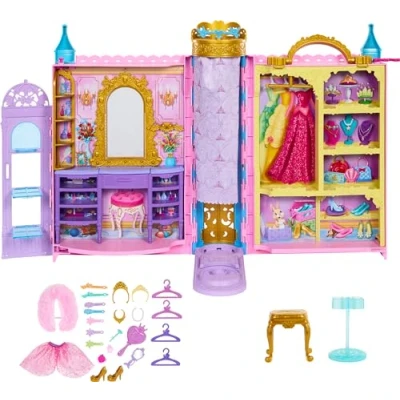 Image de Mattel Princesses Disney Prêtes pour le bal Coffret dressing avec 2 tenues, 25 accessoires, coiffeuse, cabine d’essayage, podium et rangement, se déploie jusqu’à 60 cm, inspiré du film HXC20