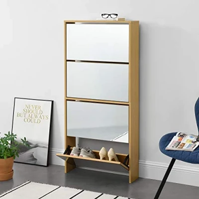 Afbeelding van Schoenenkast met spiegels 4 vouwdeuren 134x63x17 cm beuken