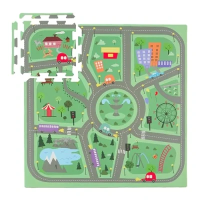 Afbeelding van Relaxdays puzzelmat baby auto 9 speeltegels rand foam afwasbaar kruipmat