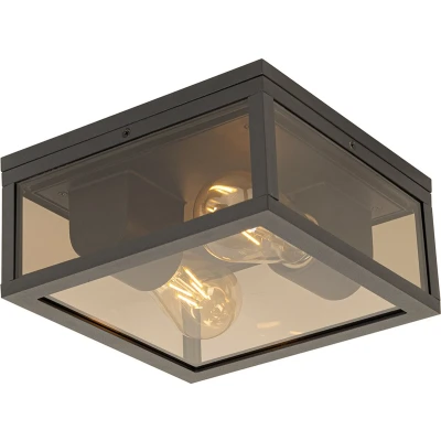 Afbeelding van QAZQA Plafondlamp zwart met smoke glas 2 lichts IP44 Charlois