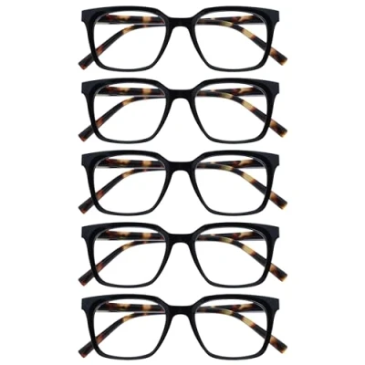 Afbeelding van OPULIZE KOI Leesbril, 5 stuks, groot rechthoekig frame, zwart, heren en dames, veerscharnieren, RRRRR50 1, +3.00