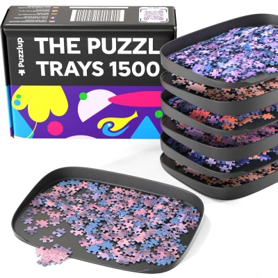 Afbeelding van Puzzlup Stapelbare Sorteerbakjes Set van 6 Design Trays + Deksel Met Dooshouder Tot 1500 Stukjes Open Lip Luxe geschenk verpakking &amp; Kwaliteitsafwerking