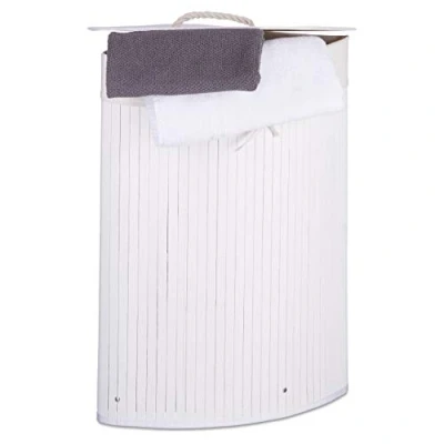 Afbeelding van Relaxdays wasmand hoekmodel bamboe 60 liter deksel wasbox driehoekig wit