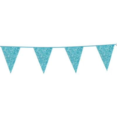 Afbeelding van Vlaggen slinger glitter lichtblauw karton 16x20cm 6 meter