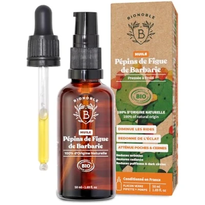 Afbeelding van Bionoble biologische cactusvijgolie 50 ml + pipet en pomp, glazen fles 100% zuiver, natuurlijk, koudgeperst voor gezicht, anti aging, donkere kringen