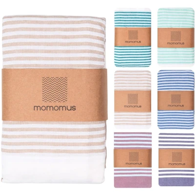 Afbeelding van MOMOMUS Fouta XXL strandlaken of picknickhanddoek voor strand gestreepte deken met franjes tapijt, zandvrije strandhanddoek picknickkleed beige, 210 x 240 cm