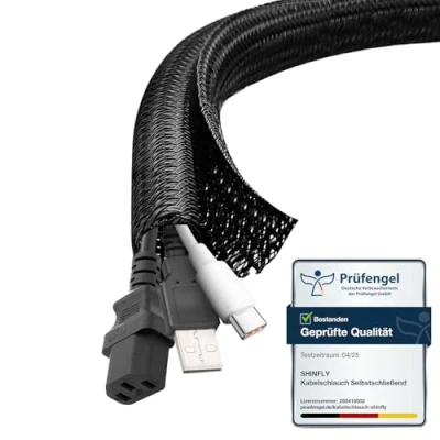 Afbeelding van shinfly Kabelafdekking, 3 m 6 mm, verstelbaar, kabelmantel, uittrekbare kabelopslag, kabelbeheer, gevlochten opslag, bescherming van de kabelafdekking voor auto&#039;s/USB/pc, zwart