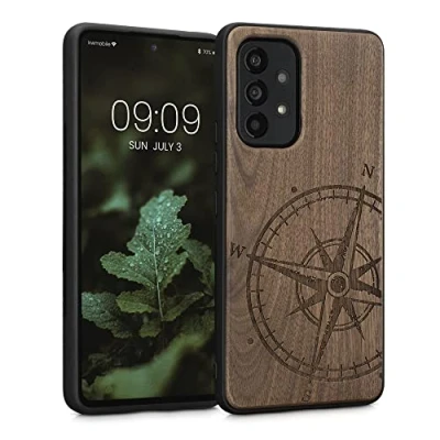 Afbeelding van kwmobile telefoonhoesje geschikt voorSamsung Galaxy A53 5G Hoesje met bumper walnoothout In donkerbruin Vintage Kompas design