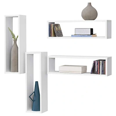 Image de Lot de 4 Étagères Murales Design Set d&#039;Étagères Flottantes Stylées Montage Horizontal ou Vertical Capacité Charge 7 kg Panneau Particules 59 x 15 17 cm Blanc Mat [en.casa]