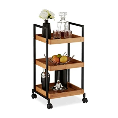 Afbeelding van Relaxdays keukentrolley op wieltjes 3 etages serveerwagen roltafel bamboe &amp; metaal