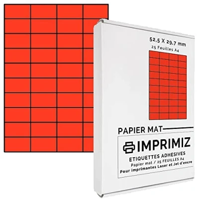 Afbeelding van 1000 zelfklevende etiketten, neonrood, 52,5 x 29,7 mm, 40 etiketten/vel, 25 vellen A4 gekleurd papier, zelfklevend, voor laser en inkjetprinters