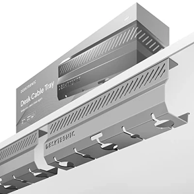 Afbeelding van 2 stuks roestvrijstalen bureaukabelgoot met 5 kabeluitsparingen, eenvoudig te installeren, kabelorganizer, bureaukabelhouder, grijs Desktronic