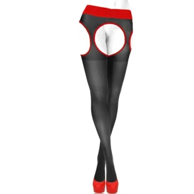 Afbeelding van Sesto Senso Panty met bandjes, open kruis, kanten kousenband riem, 15 denier, Zwart en rood