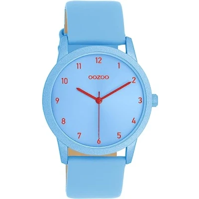 Afbeelding van Oozoo Timepieces Dameshorloge met leren band, modern dameshorloge, elegant, analoog, rond horloge (38 mm behuizing), Lichtblauw, Armband