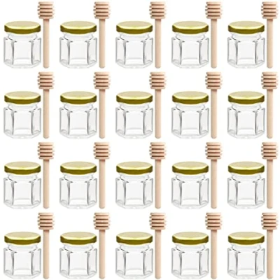 Afbeelding van BELLE VOUS 20 Pak Hexagonaal Glazen Honing Potten met Deksel &amp; Houten DIpper 40 ml Mini Mason Jar voor Voedsel, Jams Specerijen Baby Shower, Bruiloft en Feestgeschenken