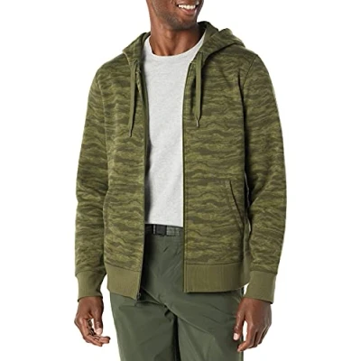 Image de Amazon Essentials Sweat shirt à capuche en polaire avec fermeture éclair intégrale (grandes tailles disponibles) Men&#039;s, Vert Camouflage Abstrait, L