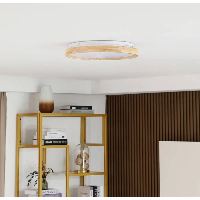 Afbeelding van Lindby Slimme plafondlamp RGB met dimmer 1licht Hout, kunststof, metaal H: 7 cm wit, licht hout Inclusief lichtbron