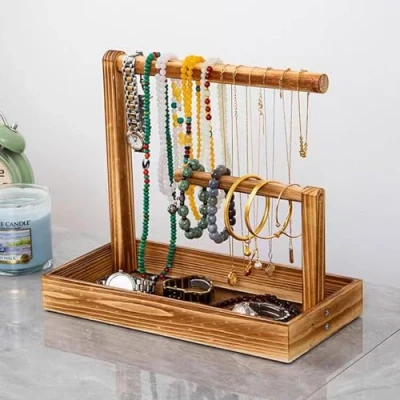 Afbeelding van Sieradenstandaard van hout, afneembare kettinghouder, vintage horlogestandaard, sieradenboom voor halskettingen, armbanden, ringen, oorbellen