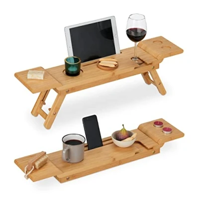 Afbeelding van Relaxdays 70 cm breed bamboe baddienblad voor glas, mobiele telefoon, tablet, badplank om op te hangen, naturel