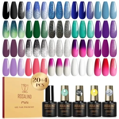 Afbeelding van ROSALIND Chameleon Semi permanente nagellak, 24 stuks, UV gelnagellak, 20 kleuren en basislaag, toplaag, mat glitter, zwart, blauw, groen, paars, kleurverandering, gel