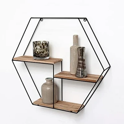 Afbeelding van Zwart metalen wandrek industrieel met 3 houten plankjes Zeshoek 48x55x10 cm