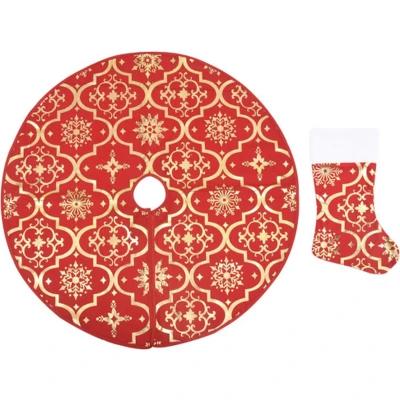 Afbeelding van Kerstboomrok luxe met sok 90 cm stof rood