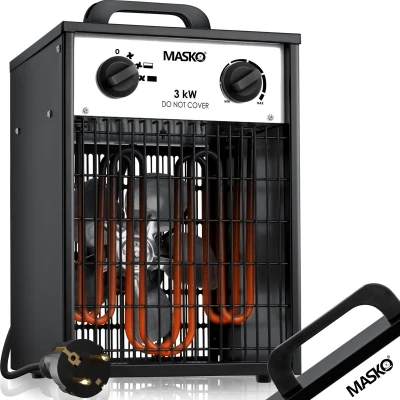 Afbeelding van Masko® Elektrische ventilatorkachel, 3 kW, met geïntegreerde thermostaat, 3000 W, warmtestanden, voor binnen en buiten, overbelastingsbeveiliging, wit