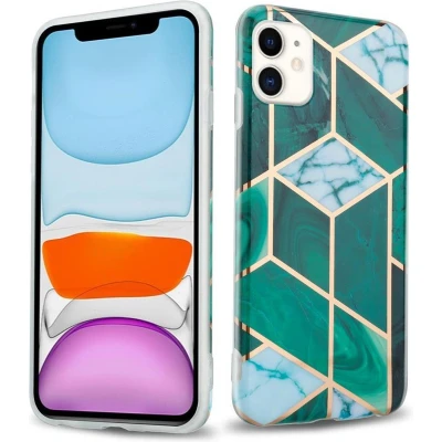 Afbeelding van Cadorabo Hoesje geschikt voor Apple iPhone 11 in Donkergroen Wit Goud Marmer No. 6 Beschermhoes gemaakt van TPU siliconen Case Cover met mozaïek motief