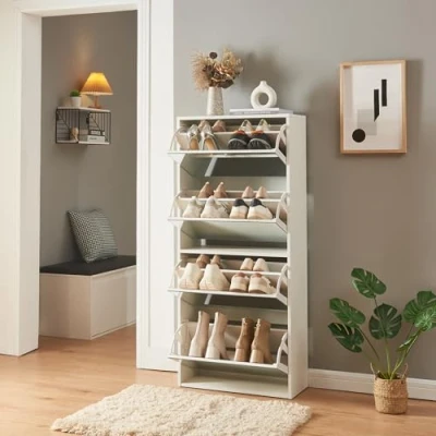 Afbeelding van Schoenenkast Lund met 4 kleppen spiegeldeuren wit 134x60x24 cm [en.casa]