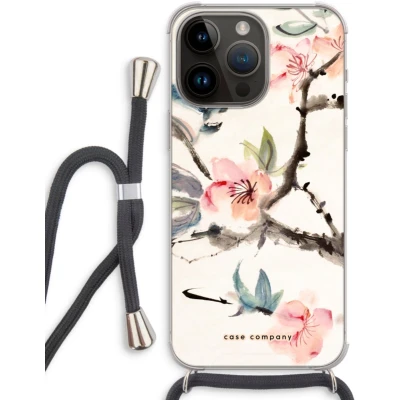 Afbeelding van Case Company® hoesje met Koord geschikt voor iPhone 14 Pro Max Japanse bloemen Telefoonhoesje Zwart Extra Bescherming aan alle Kanten en Over de Schermrand