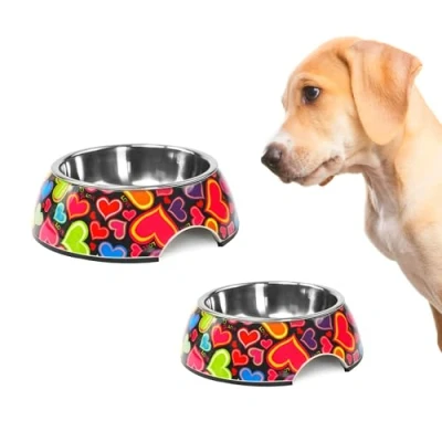 Afbeelding van Record Lovely honden en kattenbak roestvrij staal melamine voorzien van antislip rubbers afmetingen: Ø 17,5 cm inhoud 350 ml veelkleurige harten