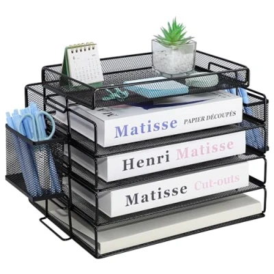 Afbeelding van Stapelbare brievenbak met metalen pennenhouder, A4 bureau organizer 4 niveaus, mesh papier bovenste schrijfwarenhouder voor kantoor, school en thuis