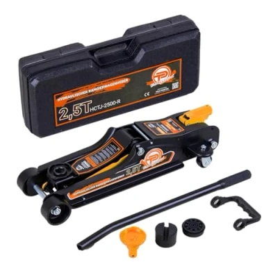 Afbeelding van Hydraulische autokrik, 2,5 ton, hefkrik, rolkrik, platte hefhoogte 80 360 mm, laag profiel, met koffer + SUV adapter 2 rubberen pads, wielen (oranje)