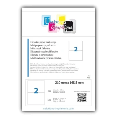 Afbeelding van 200 etiketten 210 x 148,5 mm, dus 100 vellen A4 vel met 2 zelfklevende etiketten, ref UNIVERS GRAPHIQUE UGCMO1