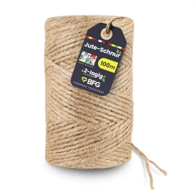 Afbeelding van BFG jute koord 100 m x 2 mm laags scheurbestendig touw met natuurlijke vezels voor planten en decoraties, pakketkoord, garen verpakking handwerk