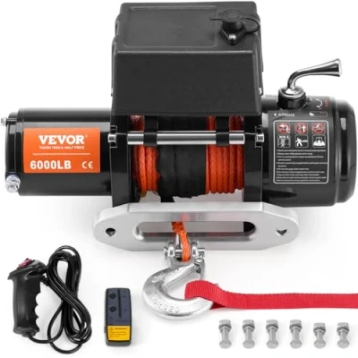 Afbeelding van VEVOR 2721,6 kg 1/4 elektrische lier, 12 V DC met 6,3 mm x 16,8 m synthetisch touw, draadloze aluminium kabel en bekabelde afstandsbediening, vrachtwagenaanhanger, IP55 waterdicht slepen voor