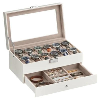 Afbeelding van SONGMICS Horlogedoos, horlogekast met glazen deksel, display 2 niveaus voor 12 horloges, afsluitbaar, 1 lade, cadeau idee, wolkenwit kunstleer, beige voering