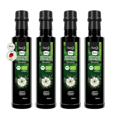 Afbeelding van Sunnah Shop® Biologische zwarte komijnolie 4 x 250 ml Echte Nigella Sativa zaadolie Ongefilterde en koudgeperste