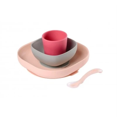 Image de BEABA, Coffret repas Silicone BÃ©bÃ©, Avec Ventouse, Anti dÃ©rapant, 4 Pieces, Assiette + Bol+ Verre Cuillere, Rose