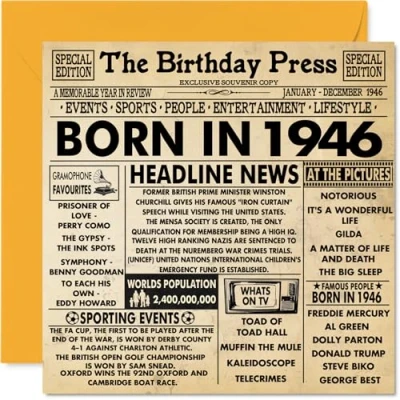 Afbeelding van Verjaardagskaarten 78 jaar voor mannen en vrouwen Born in Journal 1946 Verjaardagskaart opa, oma, vintage retro 1946, 145 mm x