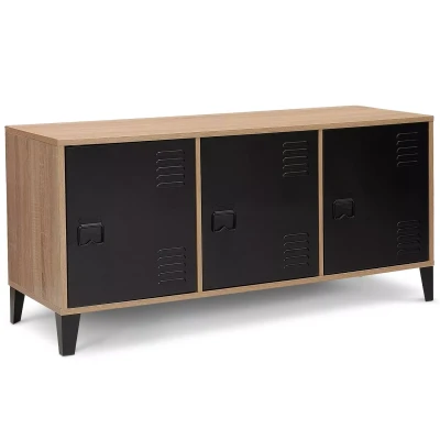 Image de Buffet bas ESTER bois 3 portes métal noir design industriel 113 cm