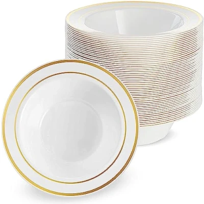 Afbeelding van MATANA 25 Witte Plastic Kommen met Gouden Rand (360 ml) voor Bruiloften, Verjaardagen, Doopfeesten, Kerstmis en Feesten Stevig Herbruikbaar