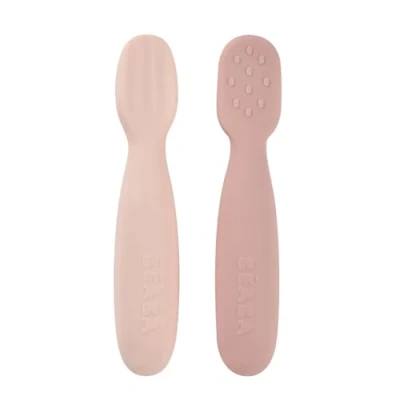 Afbeelding van BÉABA, 2 stuks babylepels voor de 1e leeftijd, siliconen lepel, babybestek, vanaf 4 maanden, ergonomische vorm, verschillende texturen, handgreep, suikerspin/marshmallow