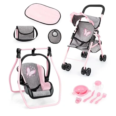 Afbeelding van Opvouwbare poppenbuggy, poppenwagen, dubbele wielen, tas, aankleedkussen, wieg, accessoires in jeans grijs, roze