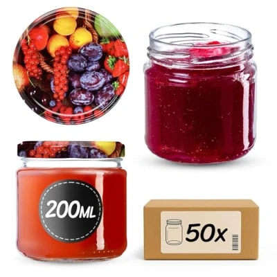 Afbeelding van KADAX Kleine inmaakpotten, 200 ml, jampotten, FI66 mm, minipotten voor honing en kruiden, luchtdichte bokalen, ronde bokalen (50 stuks, fruitmotief)