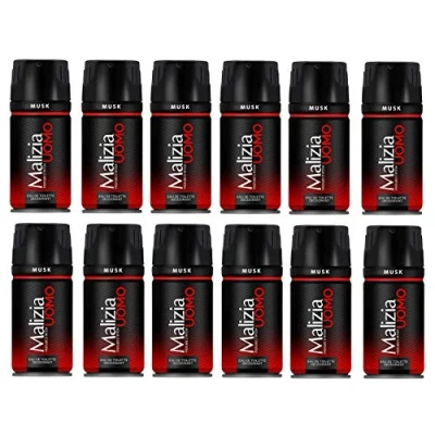 Afbeelding van MALIZIA Set van 12 deodorant voor heren, musk, 150 ml, lichaamsspray