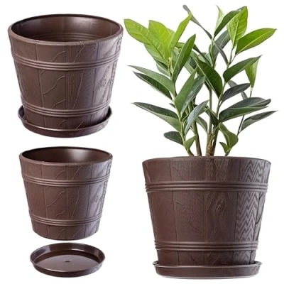 Afbeelding van KADAX Bloempot met onderzetter, voor binnen en buiten, houtlook, van weerbestendig kunststof, bloemen, tuin, balkon, diameter 34 cm, bruin